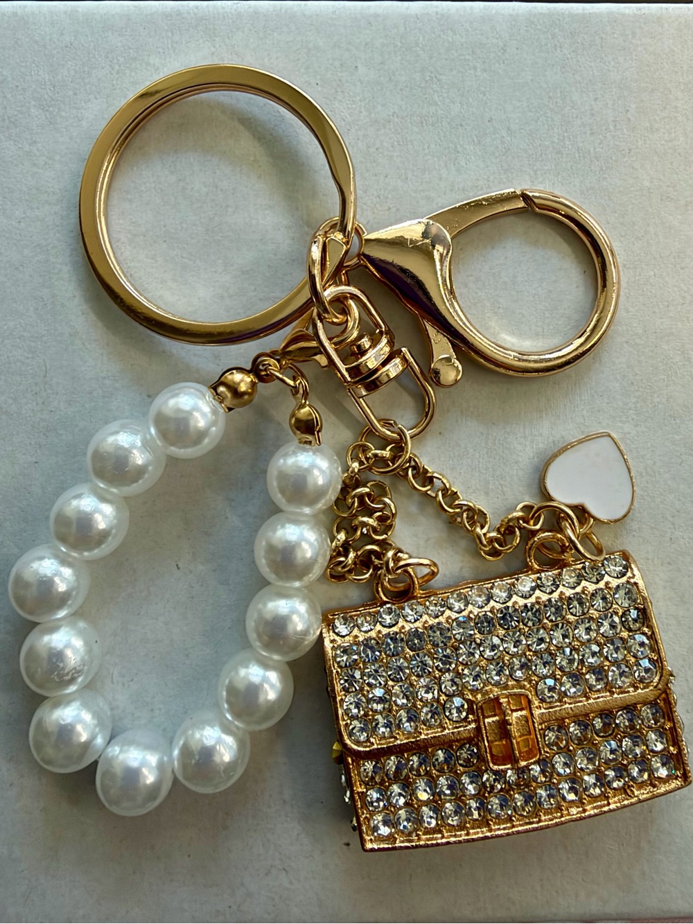 Gold Crystal Purse Keychain with Pearl Strap